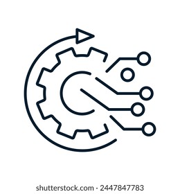 Concept of digital electronic data processing. Vector linear icon isolated on white background.