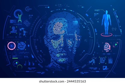 concepto de forense digital o biométrica, gráfico del rostro del hombre combinado con patrón de huellas dactilares e interfaz futurista