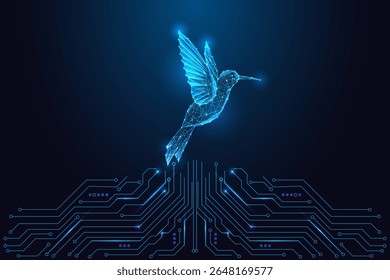 Concept of digital freedom and decentralization. Low poly hummingbird and circuit board on dark blue background. Futuristic tech, AI, and nature fusion in glowing blue wireframe vector illustration.