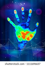 The concept of digital identification and recognition technologies - color thermal hand print, blue technology background, digital wave, points, lines, triangles & low poly mesh elements / vector draw