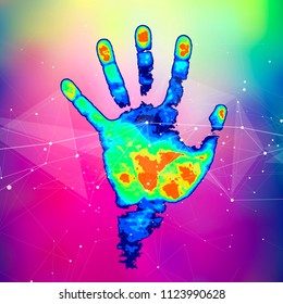 The concept of digital identification and recognition technologies - color thermal hand print, color technology background, digital wave, points, lines, triangles & low poly mesh elements. Vector draw