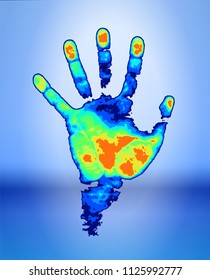 The concept of digital identification and recognition technologies - color thermal hand print, blue technology background / vector draw