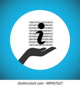 Concept of digital information sharing, binary data arranged with information symbol in hand, vector illustration