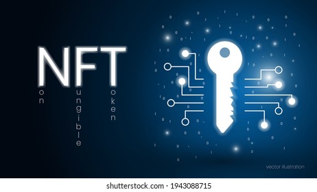 Concept digital key with text NFT, non fungible token. Cryptographic unique token. Dark blue background. Vector