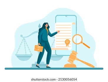 Concept of digital law. Woman with document and magnifying glass. Checking article, working with information, notary and jurisprudence. Certificate or contract. Cartoon flat vector illustration