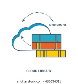 Concept of digital library in the cloud. Flat vector illustration.