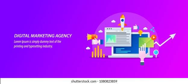 Concept for Digital marketing agency, digital media campaign flat vector illustration with icons - Shutterstock ID 1080823859