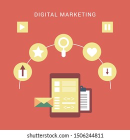 Concept for Digital marketing agency, digital media campaign flat vector illustration with icons