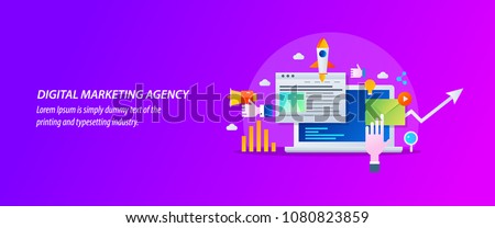 Concept for Digital marketing agency, digital media campaign flat vector illustration with icons