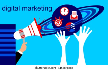 Concept for Digital marketing.  Flat vector illustration with icons.