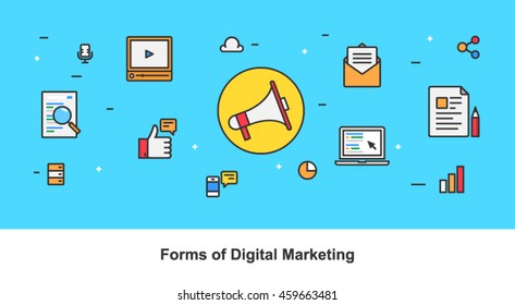 Concept of digital marketing, Forms of digital marketing with SEO, social media, video, content, and ppc icons isolated on blue background