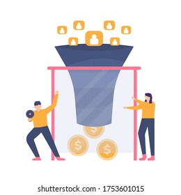 the concept of digital marketing, marketing manager, refer a friend. illustration of people attracting customer interest in earning money. flat design. can be used for elements, landing pages, UI.