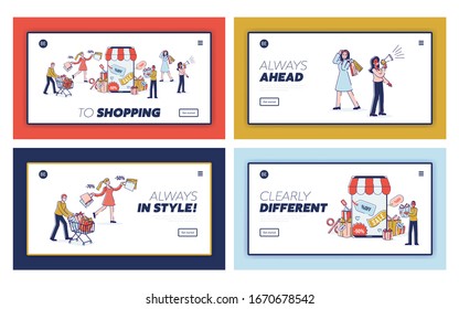 Concept Of Digital Marketing and Online Shopping. Website Landing Page. Characters Ordering And Buying Goods Online With Discounts. Cartoon Linear Outline Flat Vector Illustrations