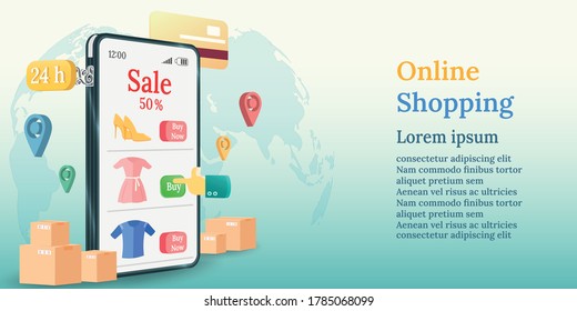 concept digital marketing online shopping on mobile application or website on world map background. Buy and sell 24 hours.