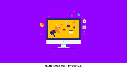 Concept of digital marketing and SEO marketing, advertising on digital media, SEO strategy - conceptual flat design vector illustration with icons on isolated background