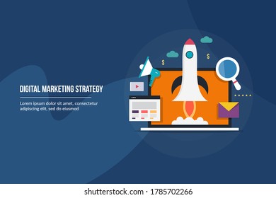 Concept of Digital marketing strategy, Startup marketing, launching business online, Advertising strategy - conceptual vector illustration with icons