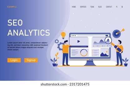 Konzept der Digital Marketing Strategie Web-Landing-Seite Design Illustration. Seo-Analyse, Projektmanagement, Geschäftskommunikation, Workflow, Datenanalyse, Consulting. Einfache Bearbeitung und Anpassung.