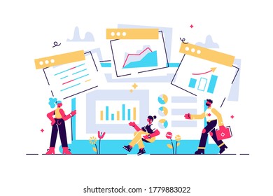 Concepto marketing digital, trabajo en equipo, codificación de sitios web, SEO para página web, banner, presentación, medios sociales, documentos, tarjetas, afiches. Ilustración de vectores, análisis de datos e inversión