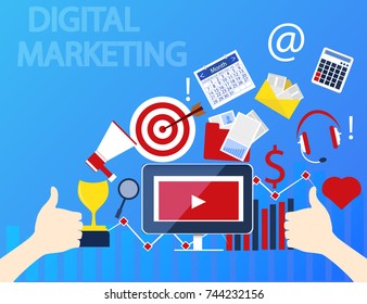 Concept of digital marketing. Marketing technology.Social network and media communication. SEO and promotion. Vector illustration.