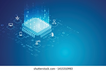 concept of digital network or internet of things, microchip with electronic pattern and technology icons