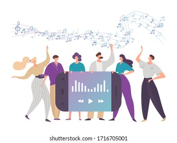 Concept digital online music on different Internet sites for modern public use on devices, design, flat style vector illustration. Men and women use mobile application for streaming audio on player.