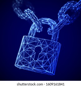 The concept of digital security and data protection: a polygonal closed lock on the chain. Secure storage of personal data. Technology and business security background. EPS 10, vector illustration.