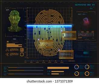 Concept of digital security, electronic fingerprint on scanning screen. Face recognition concept. Biometric face scanning Fingerprint verification, cyber protection.Futuristic security in stule HUD UI