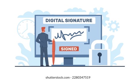 Concept of digital signature, businessman signs an agreement or contract online. Man hold pen, document on computer screen, electronic technology cartoon flat isolated vector concept