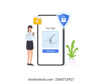 Concept of digital signature. A businesswoman signs on a smartphone screen, executing a digital or e-contract. Isolated vector illustration.