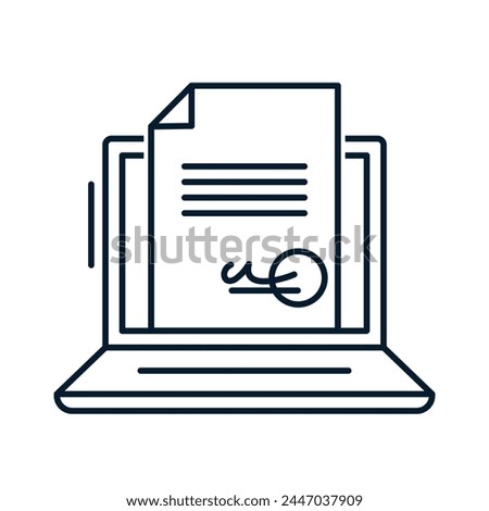 Concept of digital signature, electronic form of document, agreement. Vector linear icon isolated on white background.