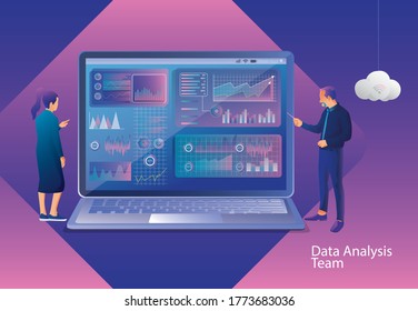 Concept of digital technology. Businessman and Businesswoman standing in front of the monitor and looks at growth statistics. marked checklist on-screen, Vector. Successful completion of business task