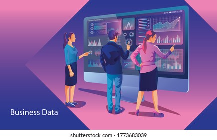 Concept of digital technology. Businessman and Businesswomen standing in front of the monitor and looks at growth statistics. marked checklist on-screen, Vector. Successful completion of business task