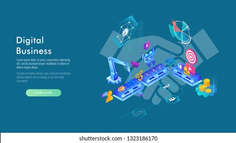 Concept of digital technology. Businessman, graphs, statistics, icons. 3d isometric flat design. Vector illustration.