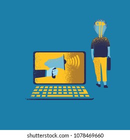 Concept of digital technology. Businessman standing in beside  laptop Vector illustration.