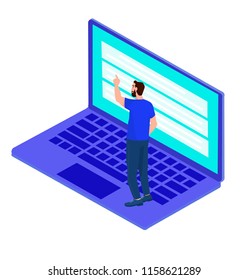 Concept of digital technology. Businessman standing on laptop and touching screen. 3d isometric flat design. Vector illustration.