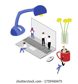 Concept of digital technology. Businessman standing in front of laptop and looks at growth statistics. 3d isometric flat design. Vector illustration.