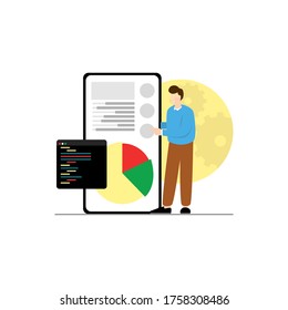Concept of digital technology. Businessman standing in front of smartphone and looks at growth statistics. Vector illustration.