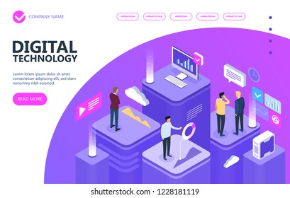 Concept of digital technology. Businessmans, desktop, graphs, statistics, icons. 3d isometric flat design. Vector illustration.