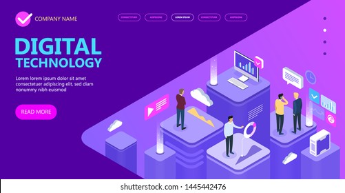 Concept of digital technology. Businessmans, desktop, graphs, statistics, icons. 3d isometric flat design. Vector illustration