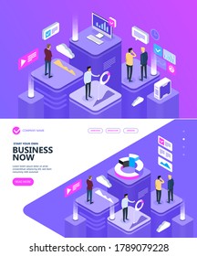 Concept of digital technology. Businessmans, desktop, graphs, statistics, icons. Multi colored illustration. 3d isometric flat design. Vector illustration