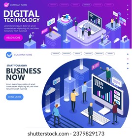 Concept of digital technology. Businessmans, desktop, graphs, statistics, icons. 3d isometric flat design. Vector illustration.
