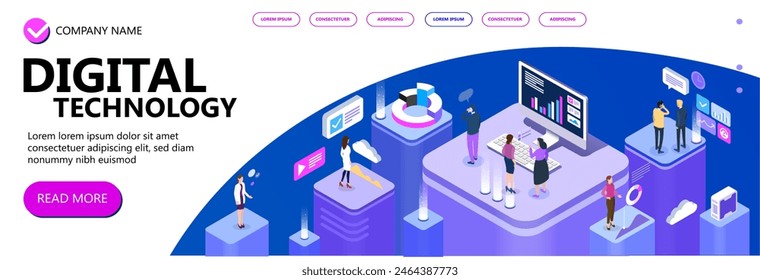 Concept of digital technology. Businessmans, desktop, graphs, statistics, icons. 3d isometric flat design. Vector illustration.