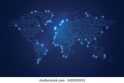 concept of digital technology or data transformation, shape of world map combined with binary code