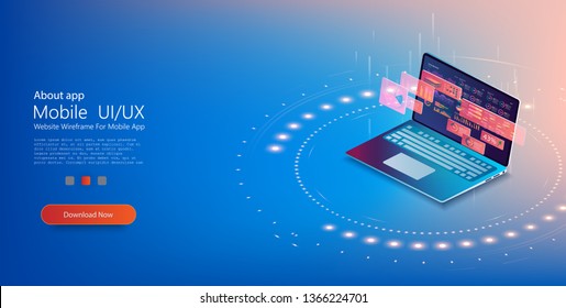 Concepto de tecnología digital. Parte delantera de la laptop. Análisis de tendencias y estrategia financiera utilizando gráficos infográficos. Estadísticas en línea y análisis de datos. Vector