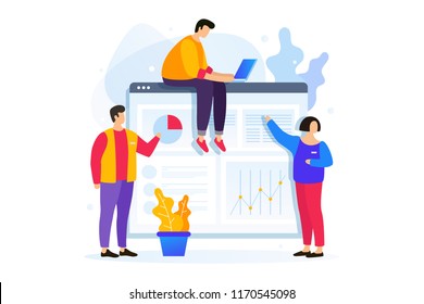 Concept of digital technology, growth of career to success. Young people work with business graphics on screen of mobile device and on laptop. Vector flat illustration.