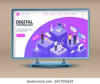 Concepto de tecnología digital. concepto isométrico sobre construcción moderna, hombres de negocios, escritorio, gráficos, estadísticas, iconos. 3d diseño plano isométrico. Ilustración del vector