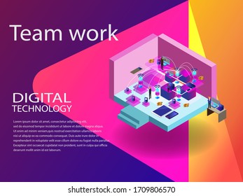 Concept of digital technology. Teamwork for business success with fast digital technology and communication. Vector illustration.