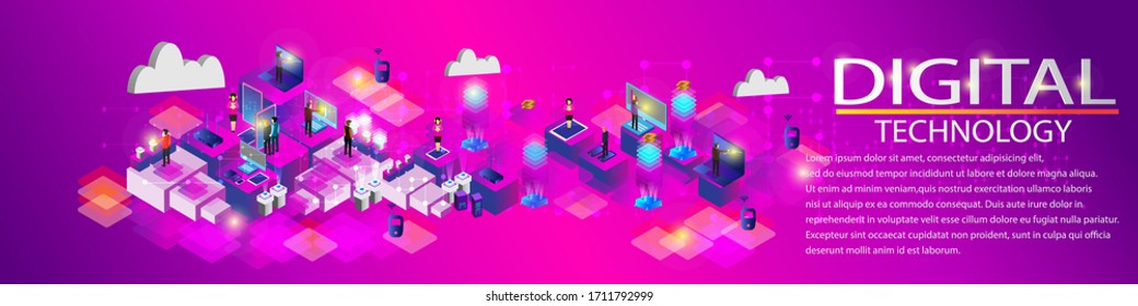 Concept of digital technology. Teamwork for business success with fast digital technology and communication. Vector illustration.