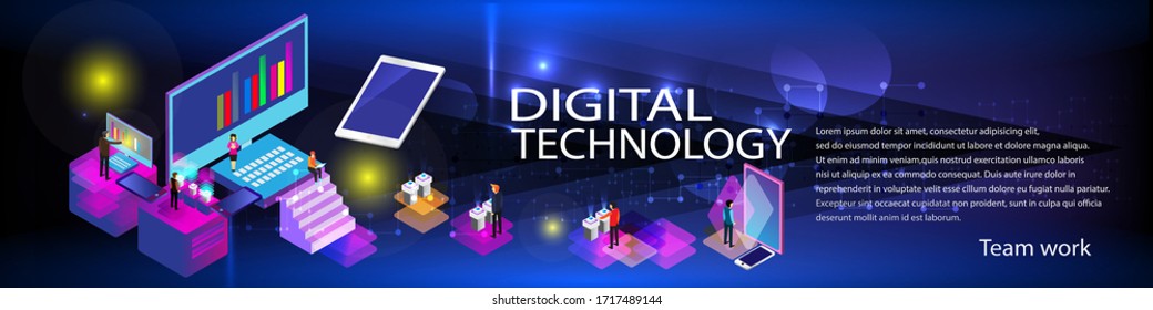 Concept of digital technology. Teamwork for business success with fast digital technology and communication. Vector illustration.