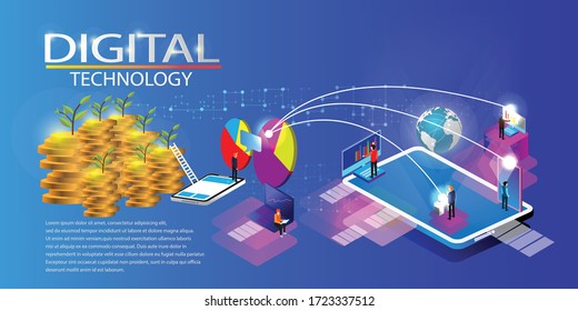 Concept of digital technology. Teamwork for business success with fast digital technology and communication. Vector illustration.